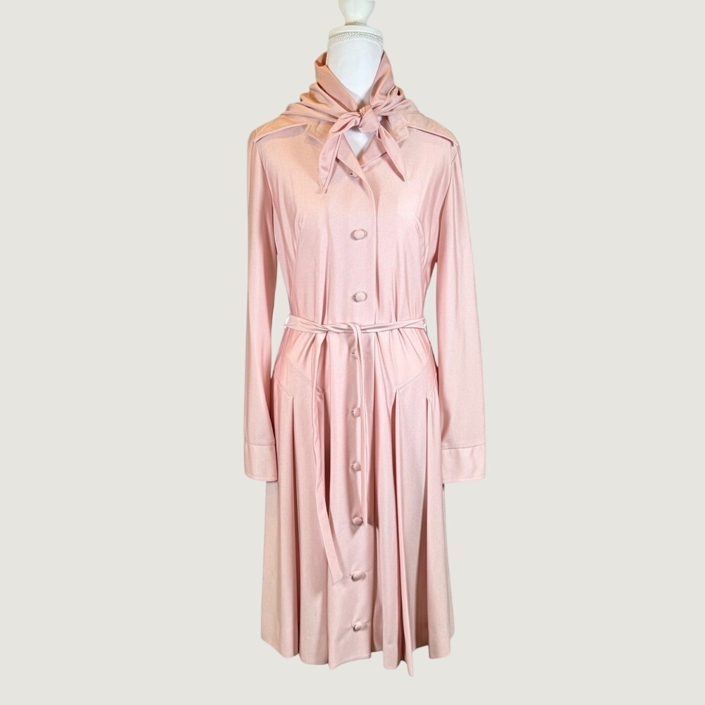 Vintage‎ Alfred Werber Dress Pink Long Sleeve Button Front Scarf Belted 70s Mod